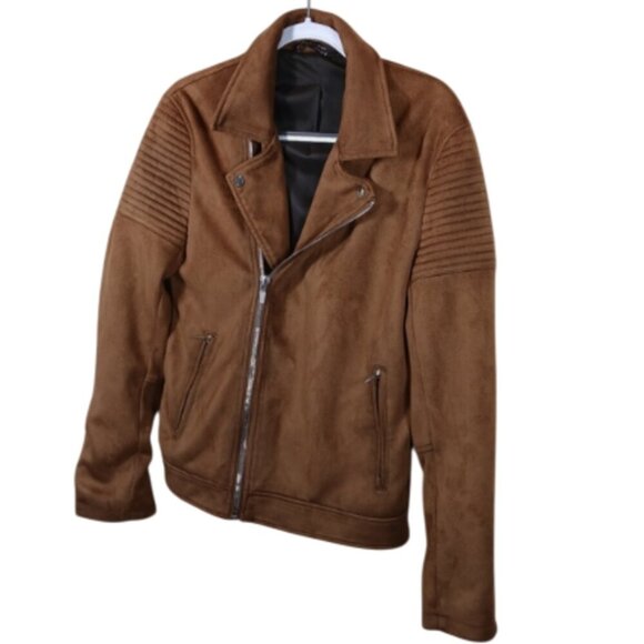 Zara Men's Rust Brown Vegan Suede Moto Biker Jacket size Small - Picture 1 of 12